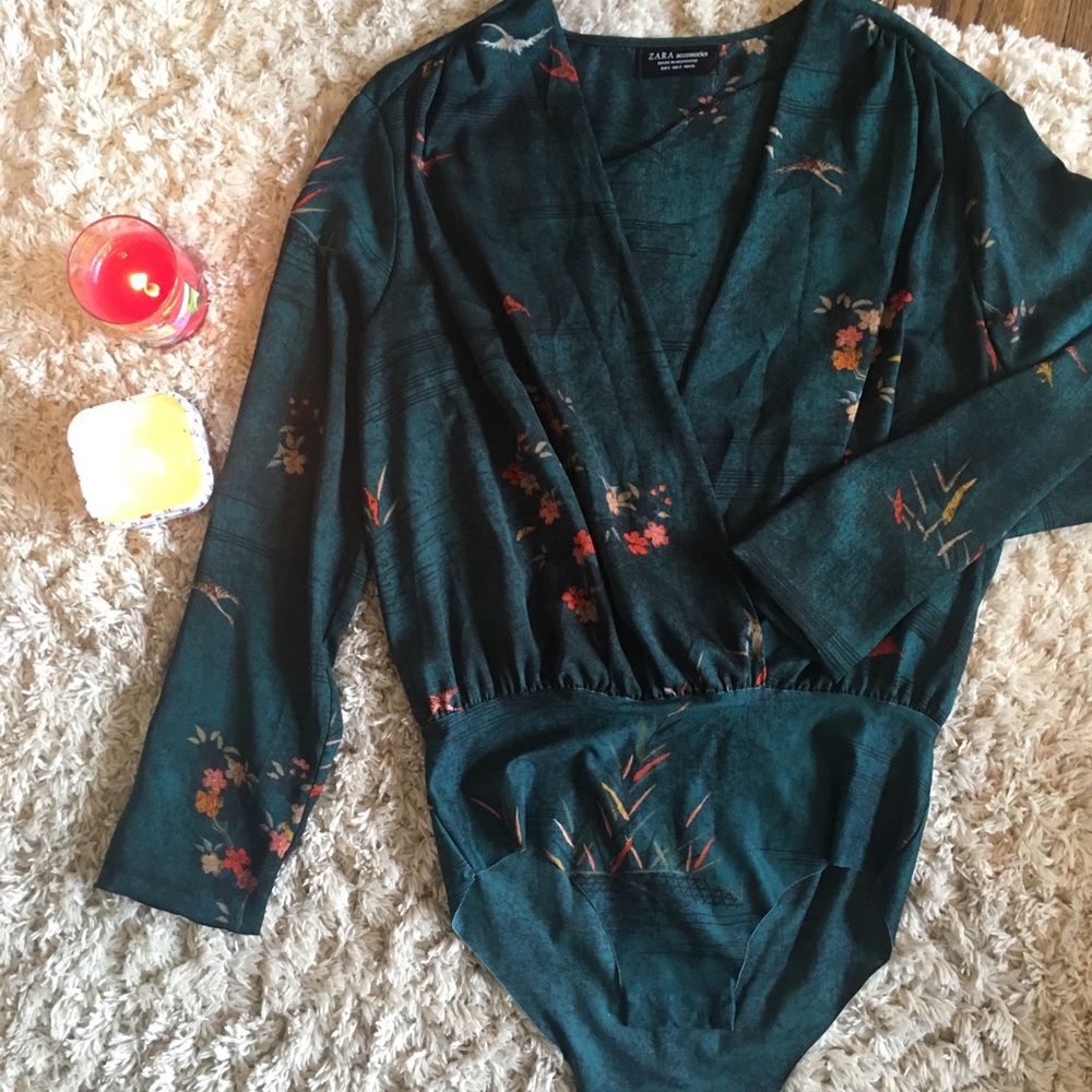 Zara forest green floral wrap bodysuit